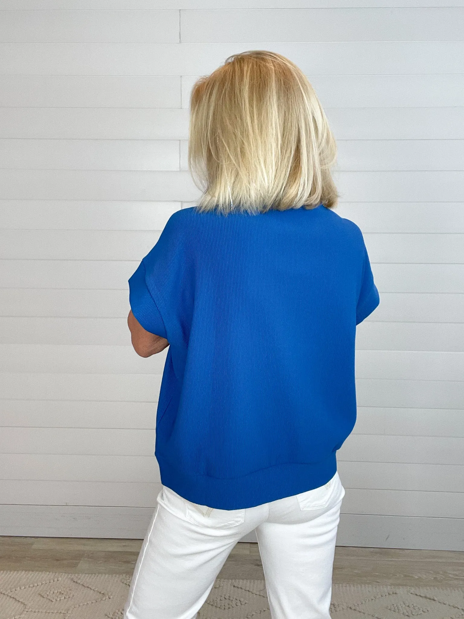 Tulip Collar Cap Sleeve Ribbed Quarter Zip