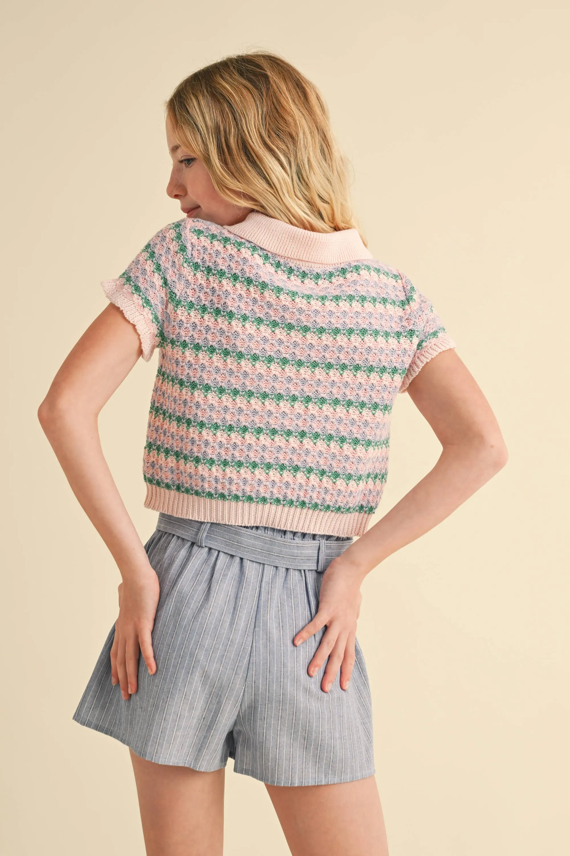 TWEEN KIDS GIRLS COLLARED CROP KNIT TOP (7-14)