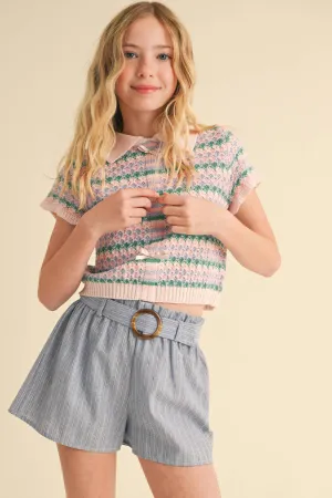 TWEEN KIDS GIRLS COLLARED CROP KNIT TOP (7-14)