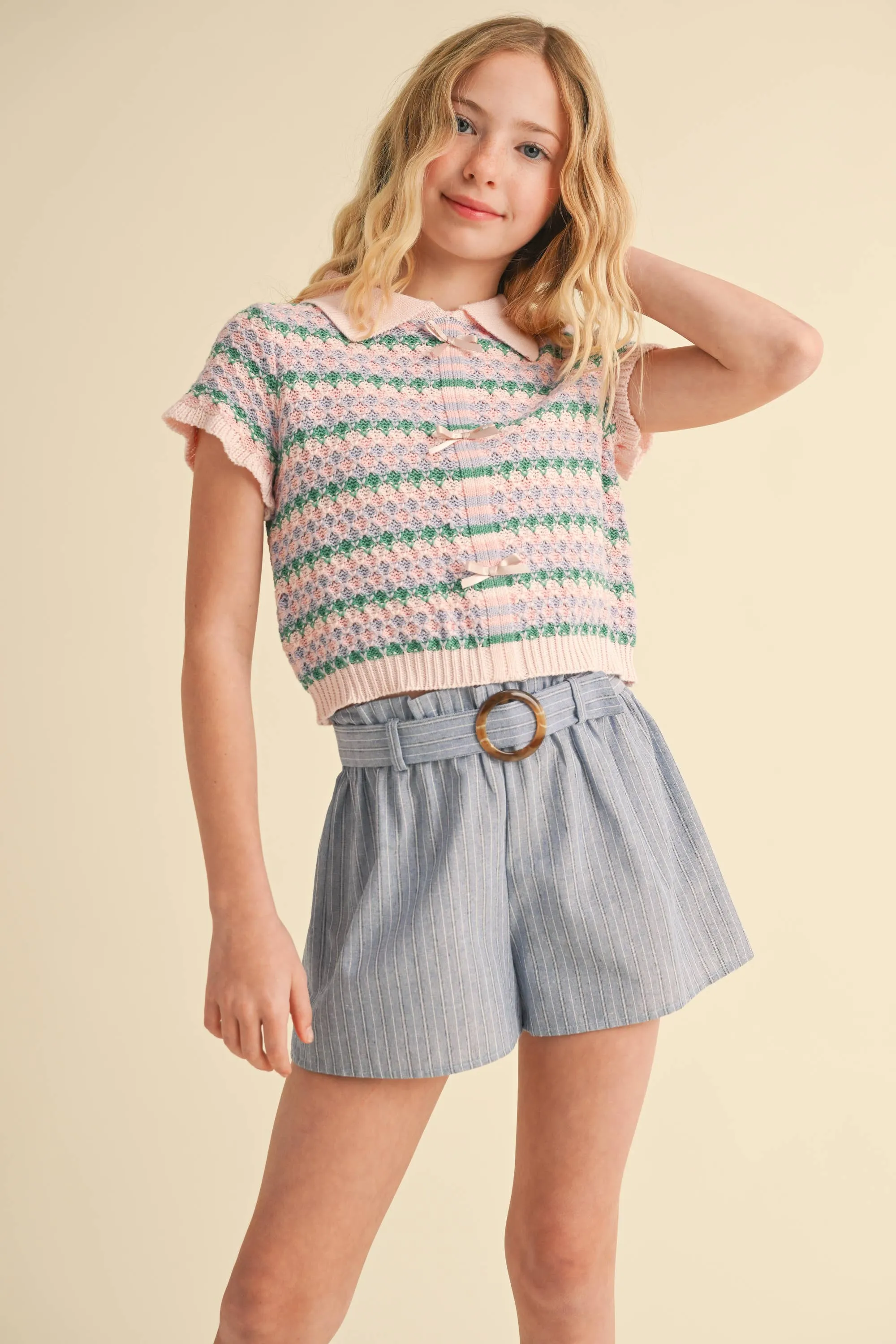 TWEEN KIDS GIRLS COLLARED CROP KNIT TOP (7-14)
