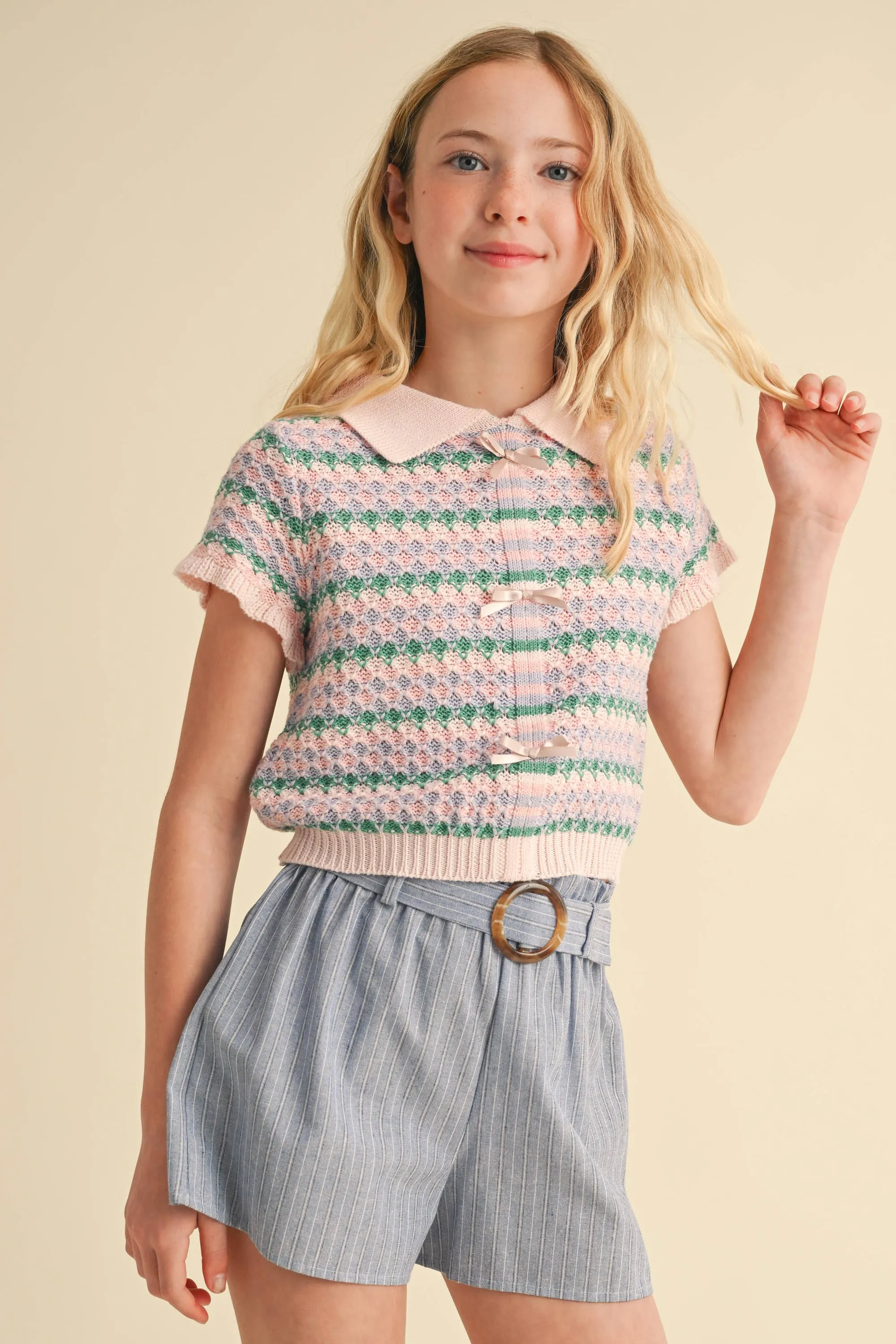 TWEEN KIDS GIRLS COLLARED CROP KNIT TOP (7-14)