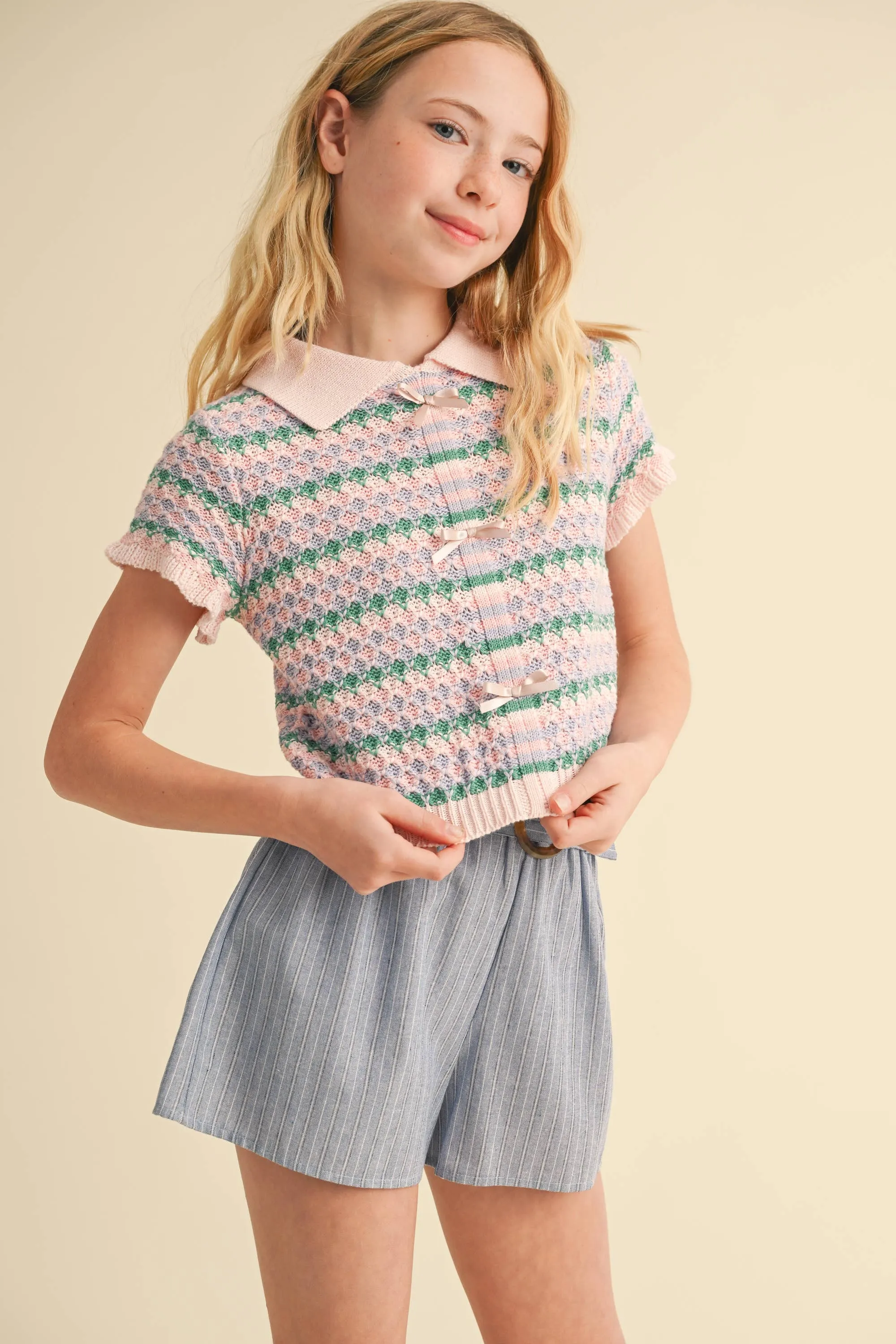 TWEEN KIDS GIRLS COLLARED CROP KNIT TOP (7-14)