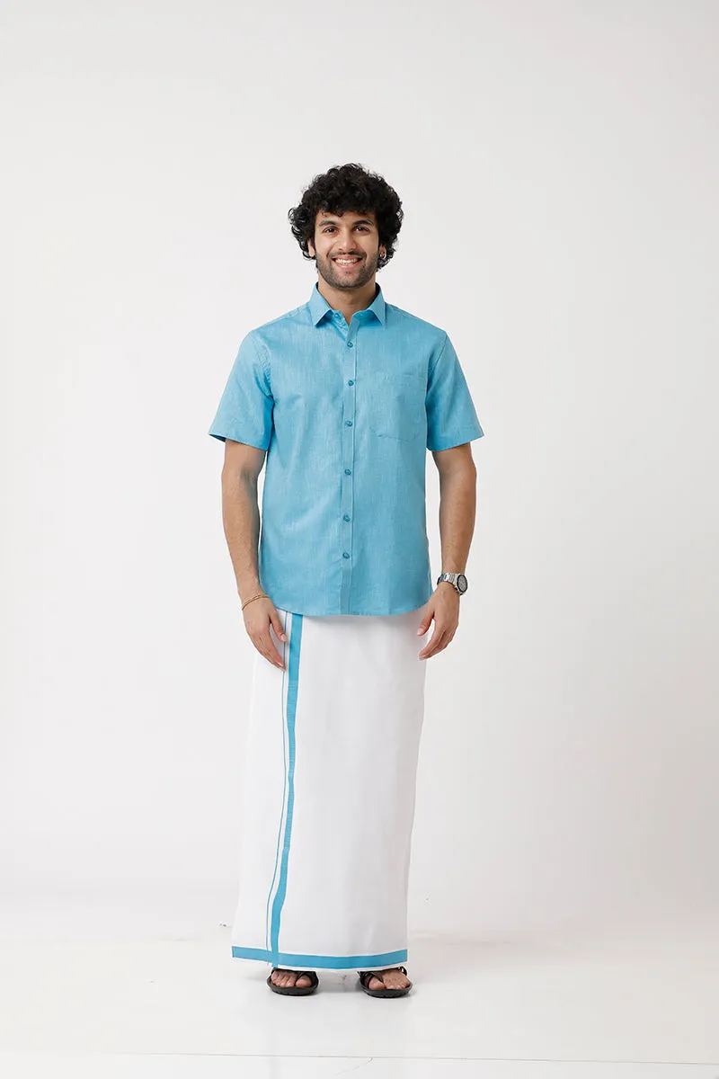Varna - Sky Blue Single Layered Fancy Border Pocket Dhoti For Men | Uathayam