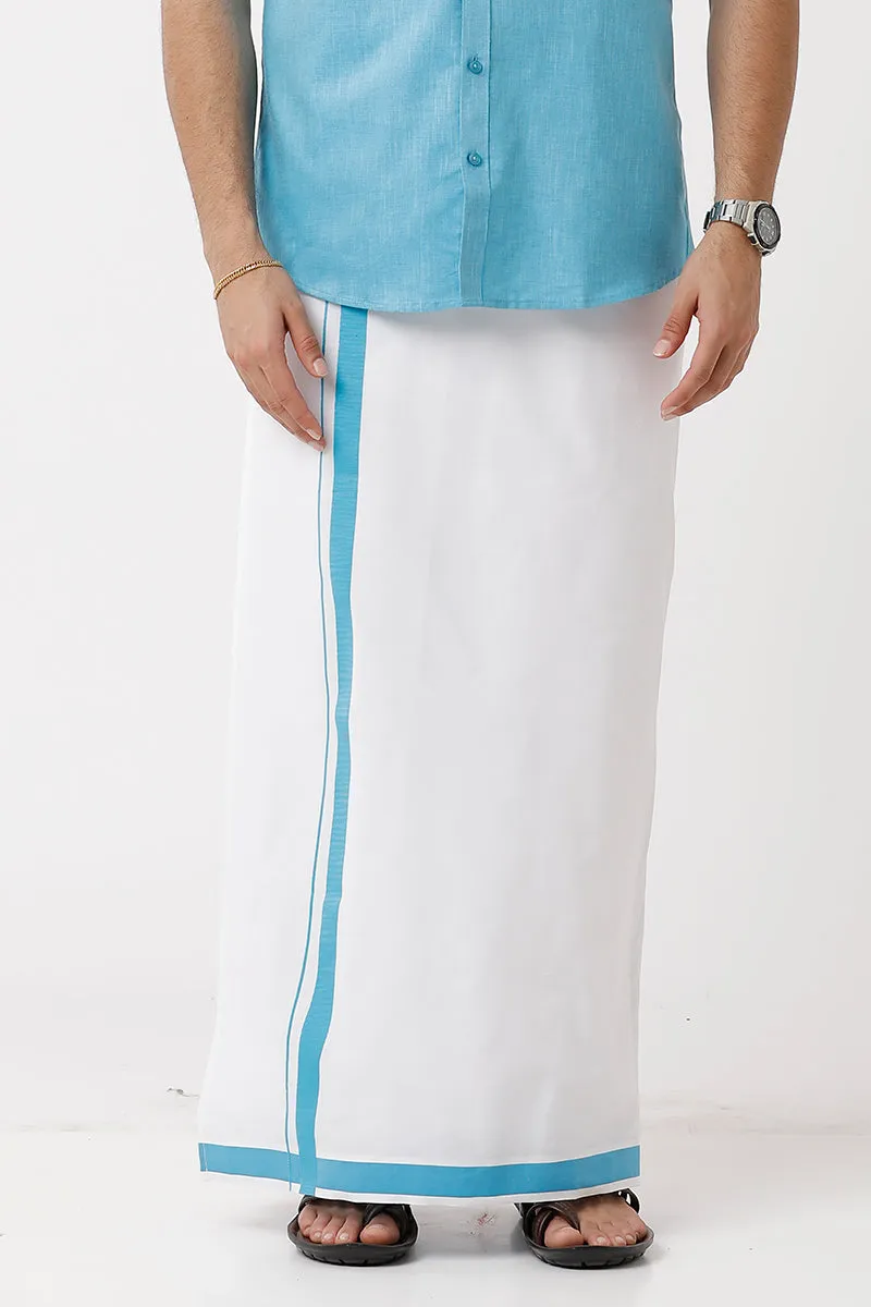 Varna - Sky Blue Single Layered Fancy Border Pocket Dhoti For Men | Uathayam