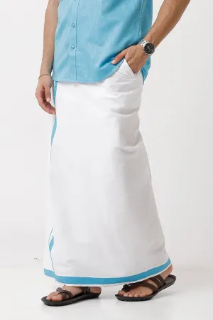 Varna - Sky Blue Single Layered Fancy Border Pocket Dhoti For Men | Uathayam