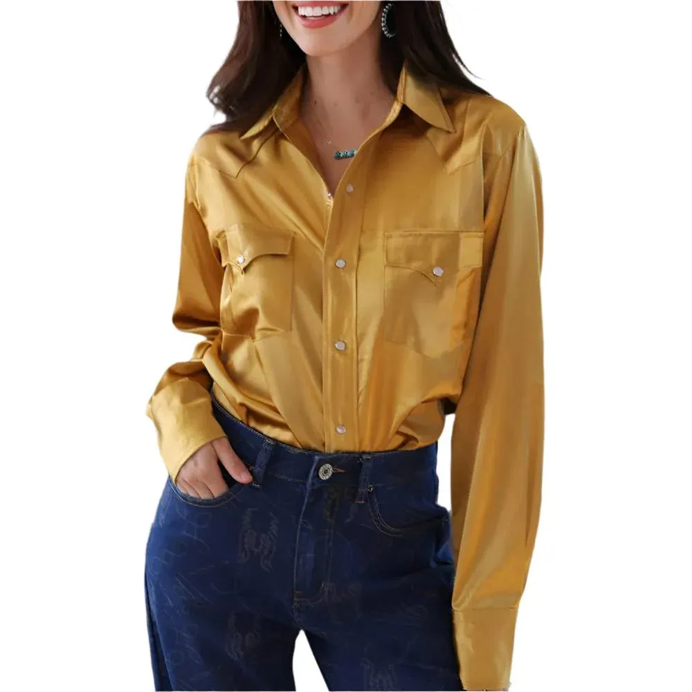 Vintage Gold Satin Long Sleeve Blouse