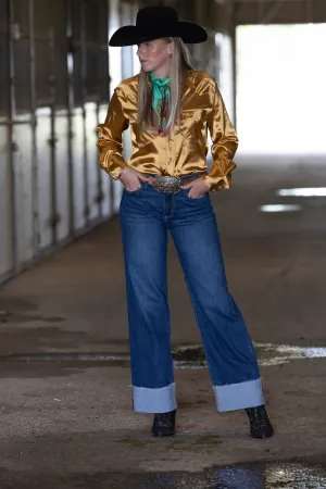 Vintage Gold Satin Long Sleeve Blouse
