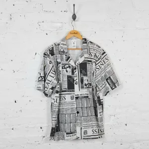 Vintage Newspaper Pattern Party Shirt - White/Black - XL