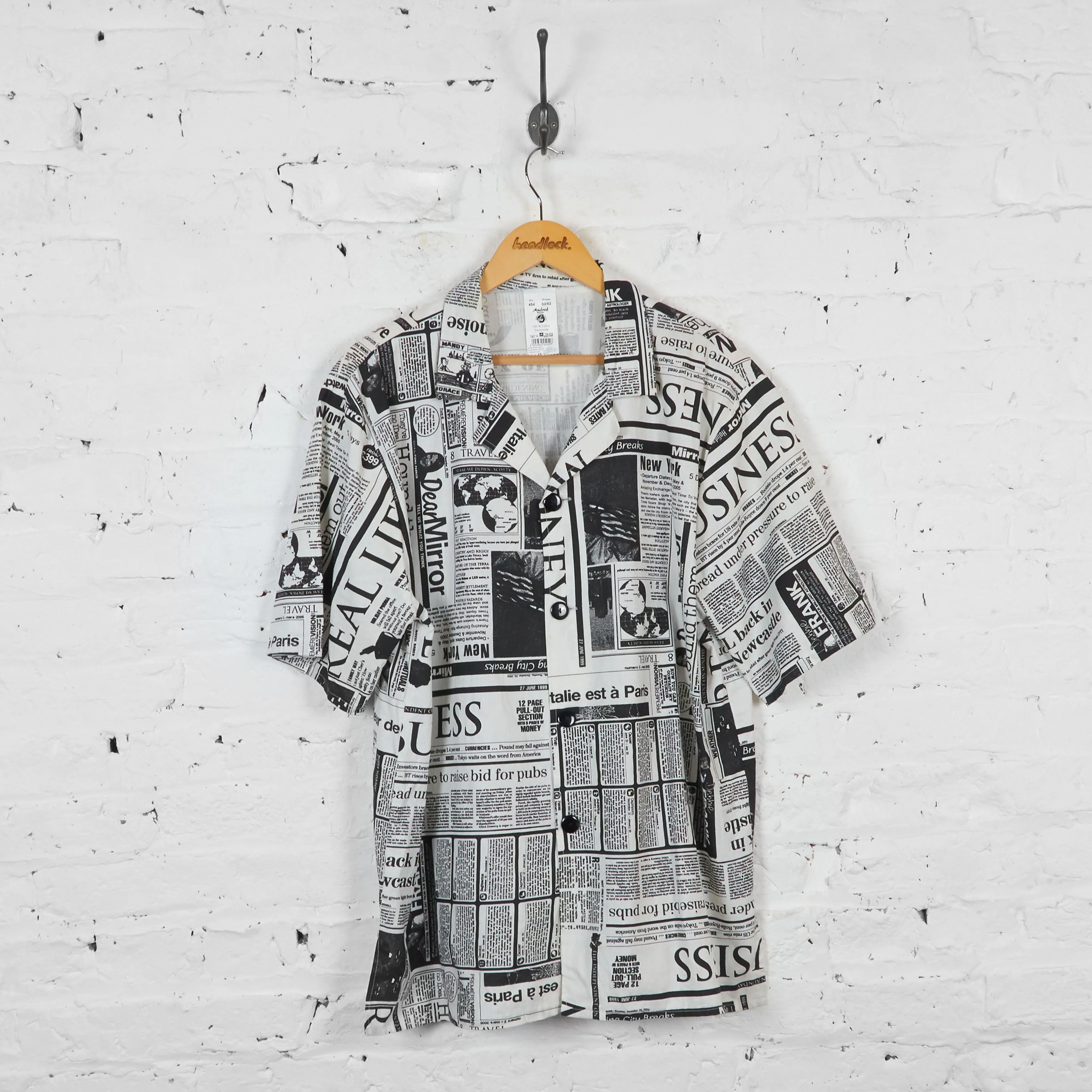 Vintage Newspaper Pattern Party Shirt - White/Black - XL