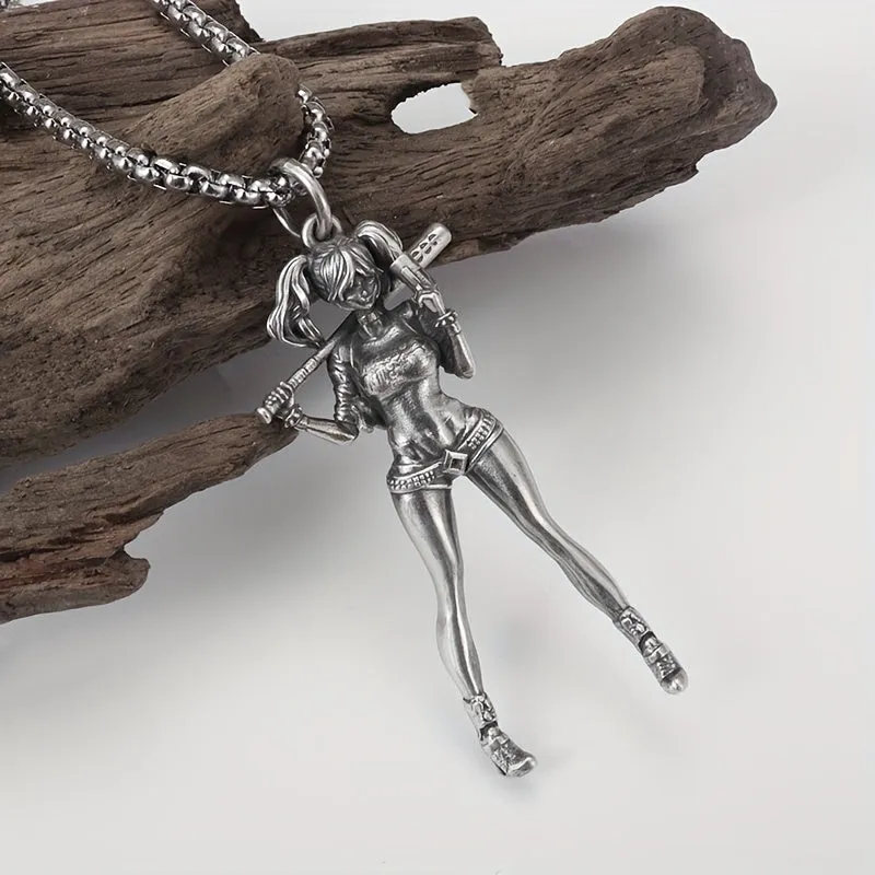 Vintage Silver Plated Girls & Baseball Player Pendant Necklace For Men