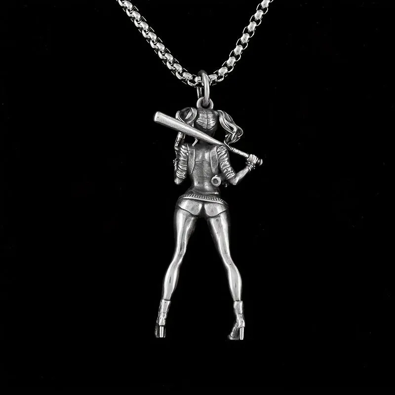 Vintage Silver Plated Girls & Baseball Player Pendant Necklace For Men