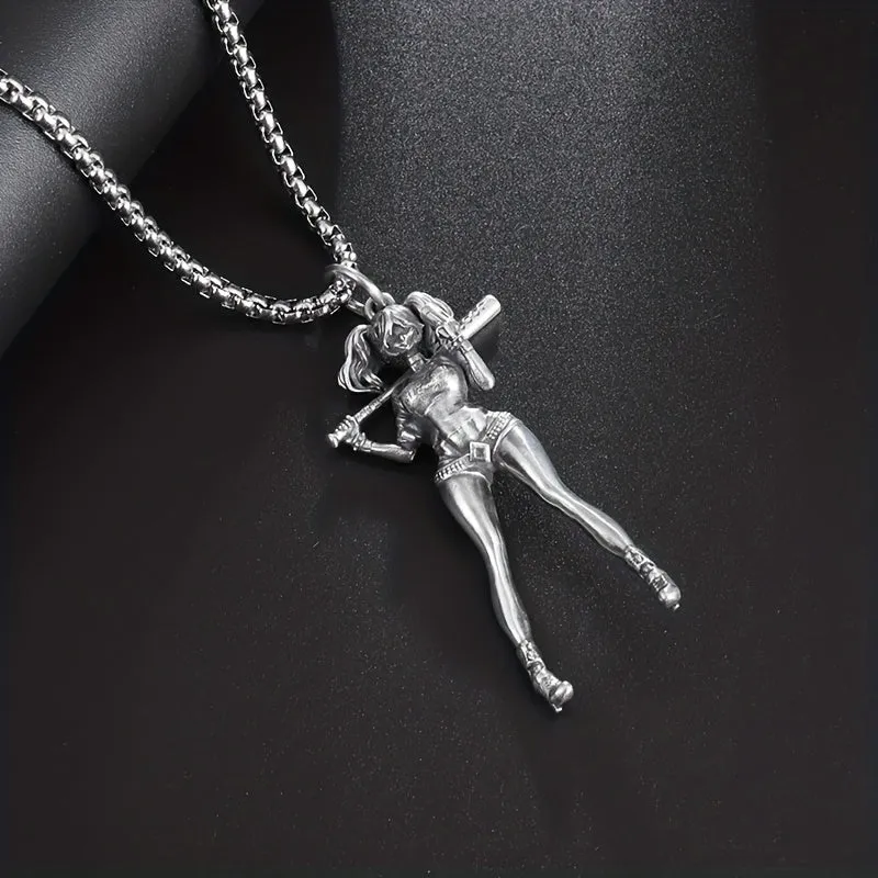 Vintage Silver Plated Girls & Baseball Player Pendant Necklace For Men