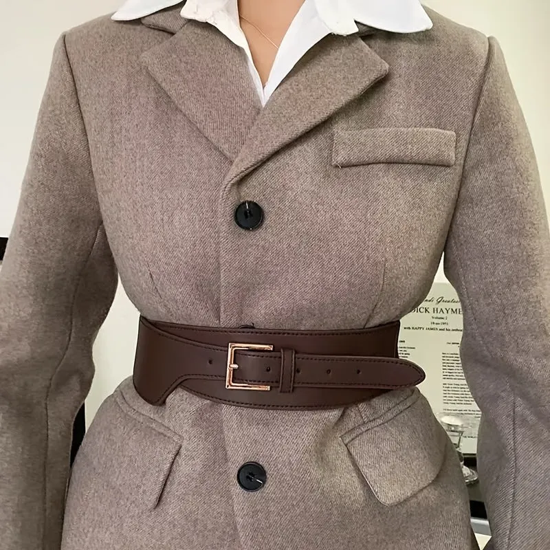 Vintage Style Women's Belt w/ Golden Square Buckle Adjustable Brown Waistband