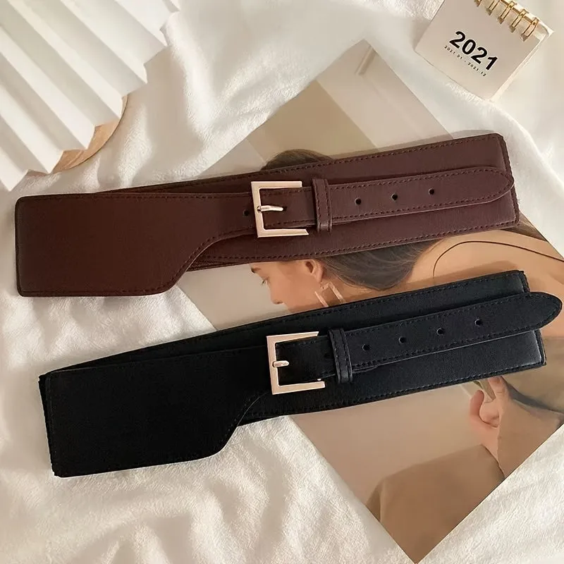 Vintage Style Women's Belt w/ Golden Square Buckle Adjustable Brown Waistband
