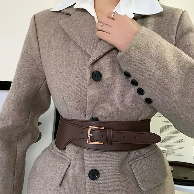Vintage Style Women's Belt w/ Golden Square Buckle Adjustable Brown Waistband