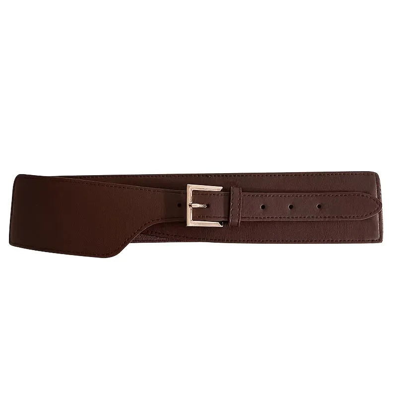 Vintage Style Women's Belt w/ Golden Square Buckle Adjustable Brown Waistband
