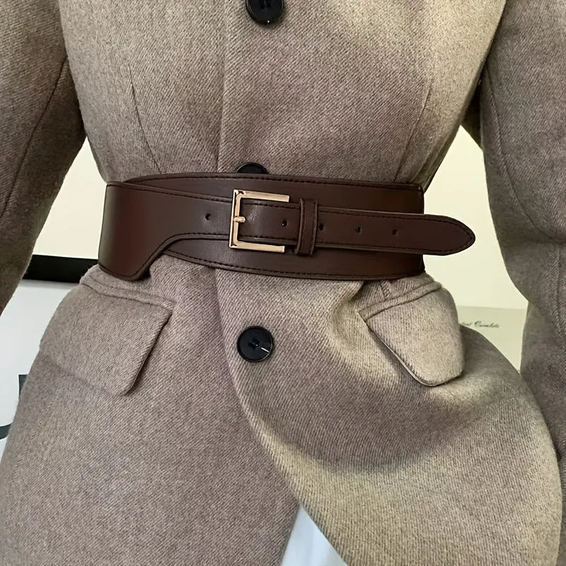Vintage Style Women's Belt w/ Golden Square Buckle Adjustable Brown Waistband