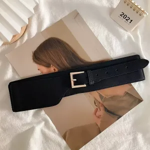 Vintage Style Women's Belt w/ Golden Square Buckle Adjustable Brown Waistband