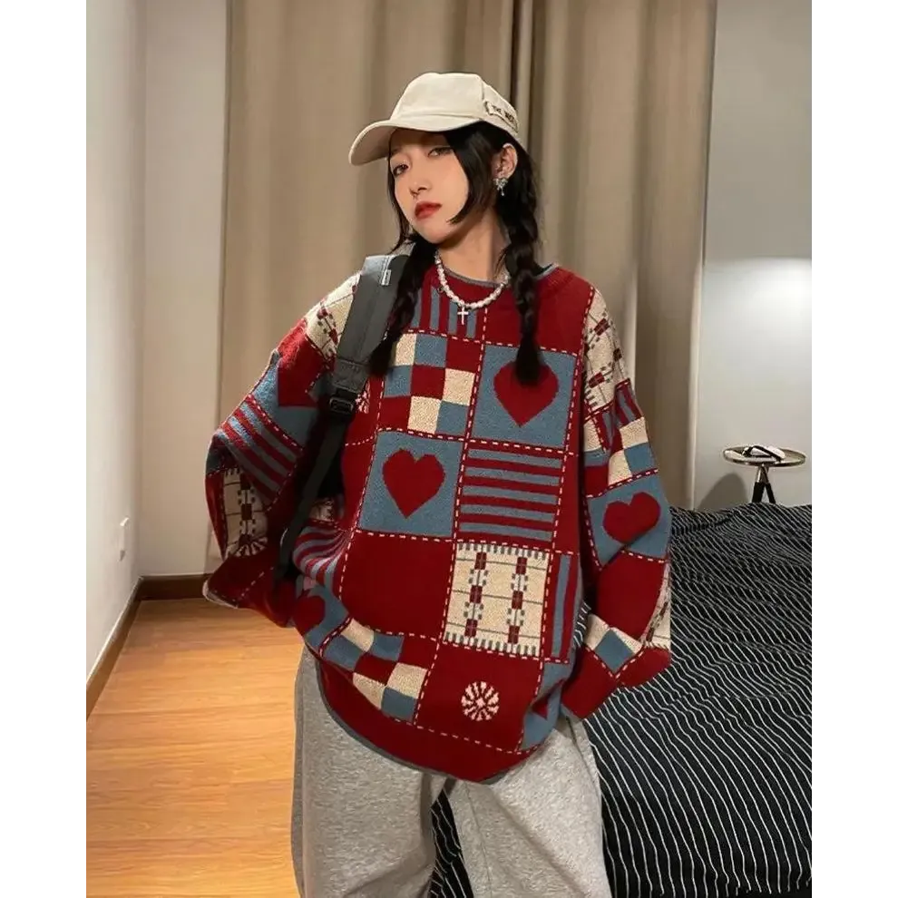 Vintage Y2K Sweater with Heart and Figure Patterns in Crew Neck Style