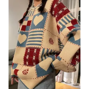 Vintage Y2K Sweater with Heart and Figure Patterns in Crew Neck Style