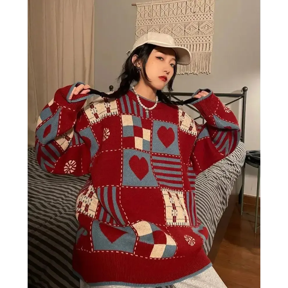 Vintage Y2K Sweater with Heart and Figure Patterns in Crew Neck Style