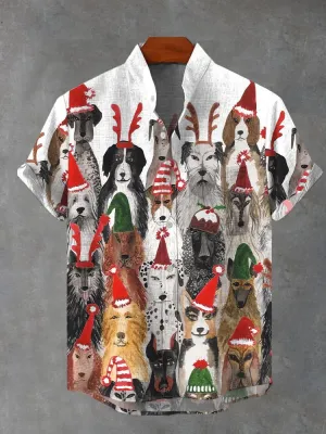 Watercolor Cartoon Pet Dog Christmas Print Short Sleeve Shirt