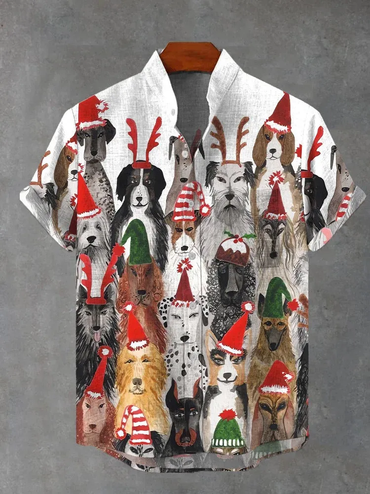 Watercolor Cartoon Pet Dog Christmas Print Short Sleeve Shirt