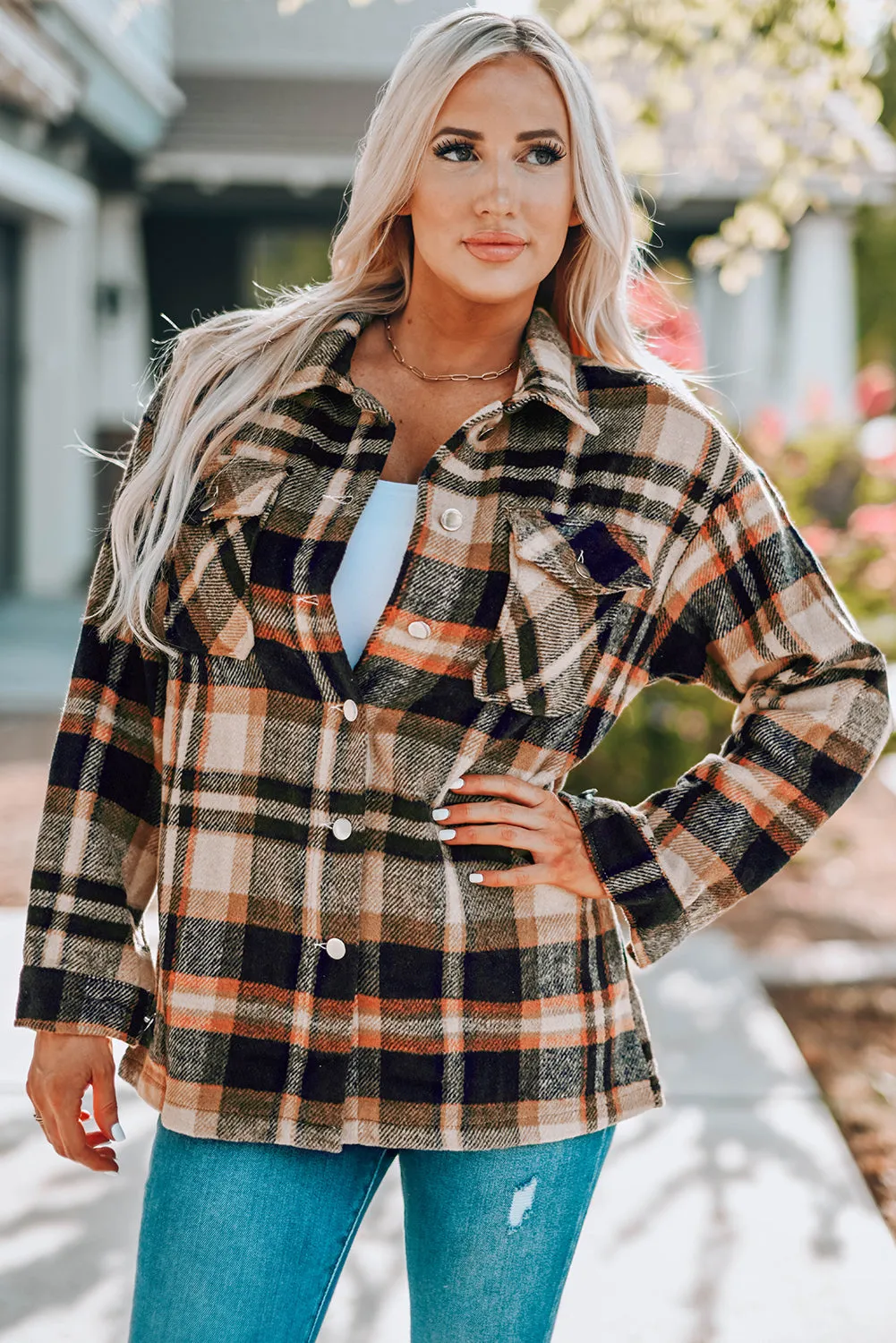 White Label Women's Plaid Flannel Shacket with Button Front and Pockets | 100% Polyester Shirt Jacket