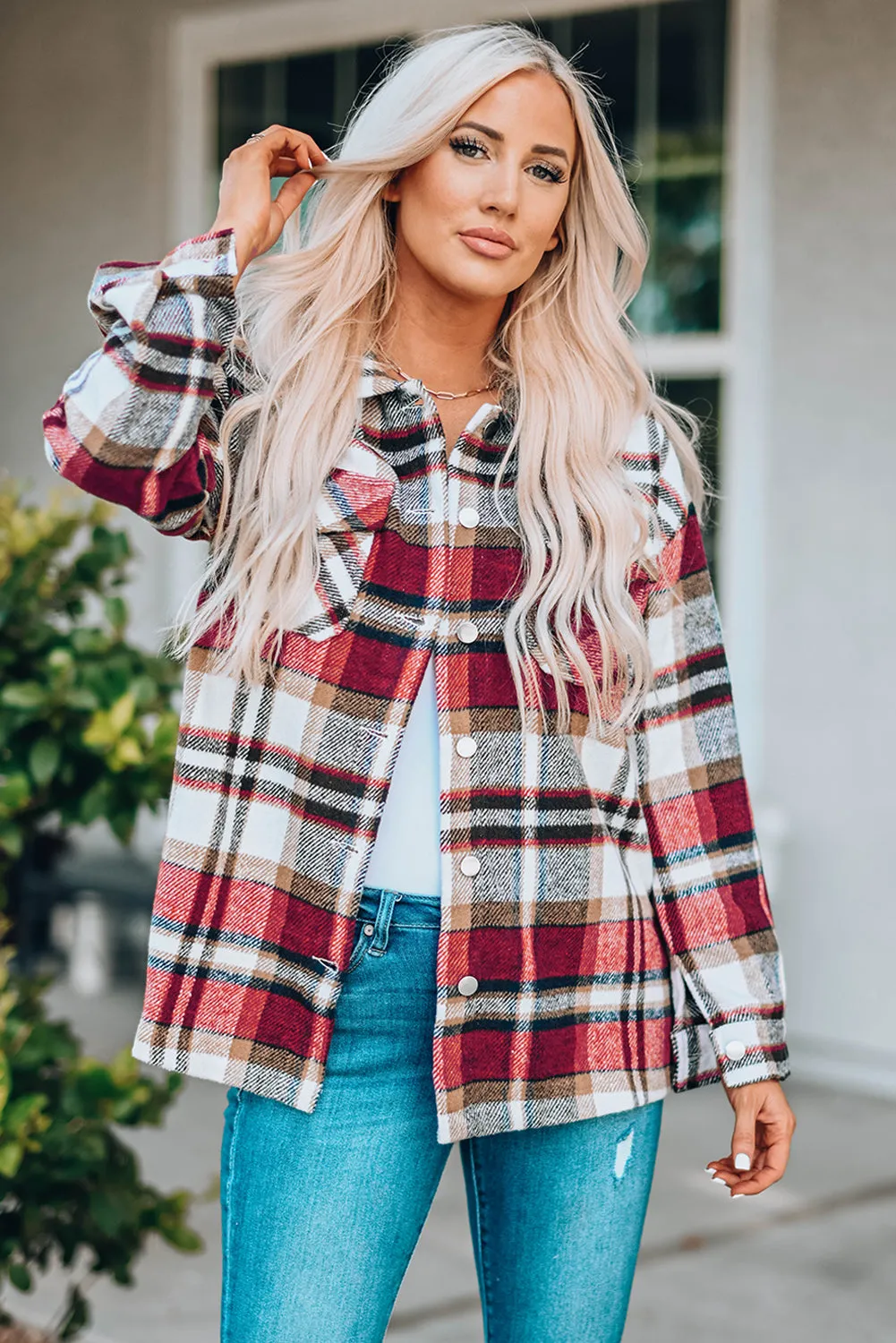 White Label Women's Plaid Flannel Shacket with Button Front and Pockets | 100% Polyester Shirt Jacket