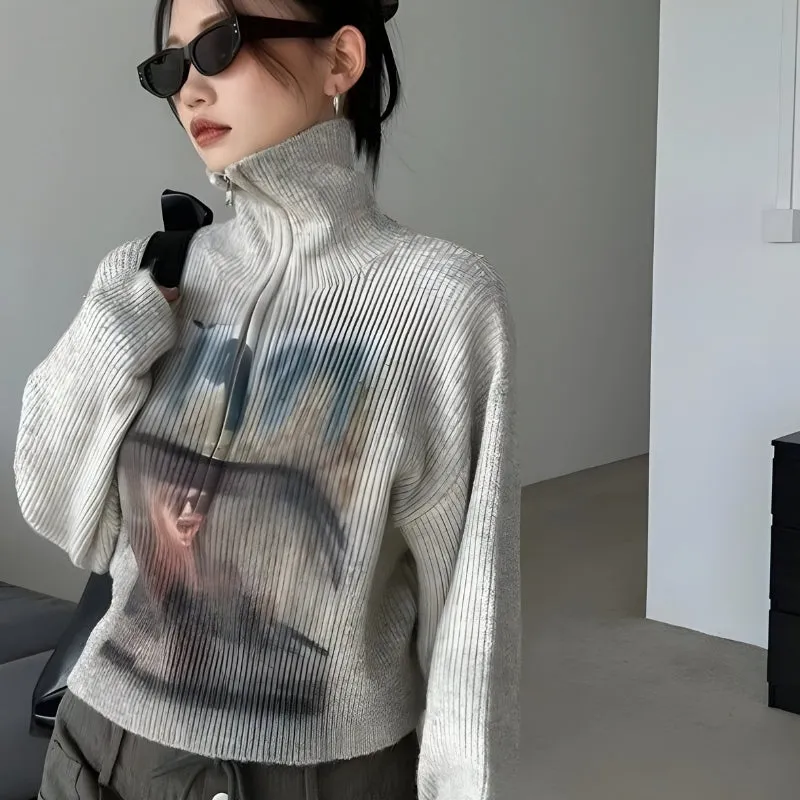 Y2K Half Zip-Up Knitted Sweater