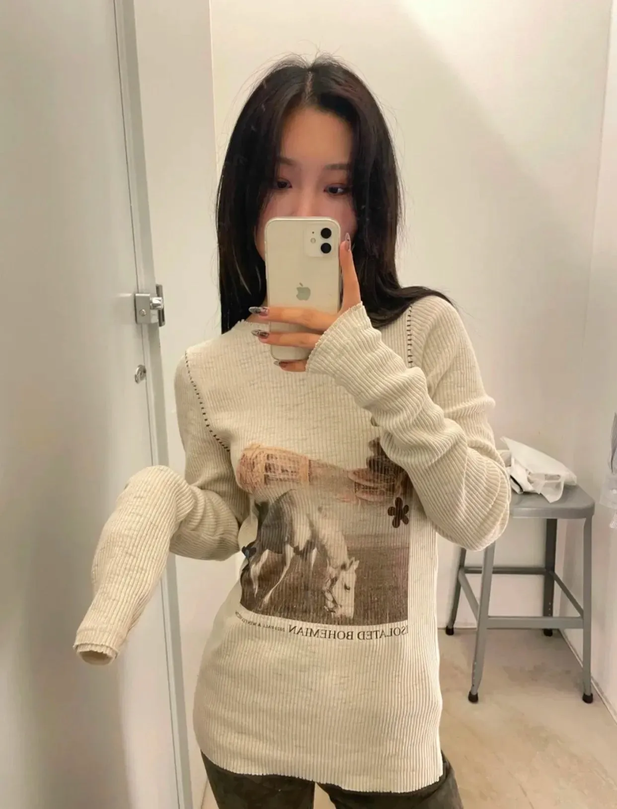 Y2K White Horse Sweater