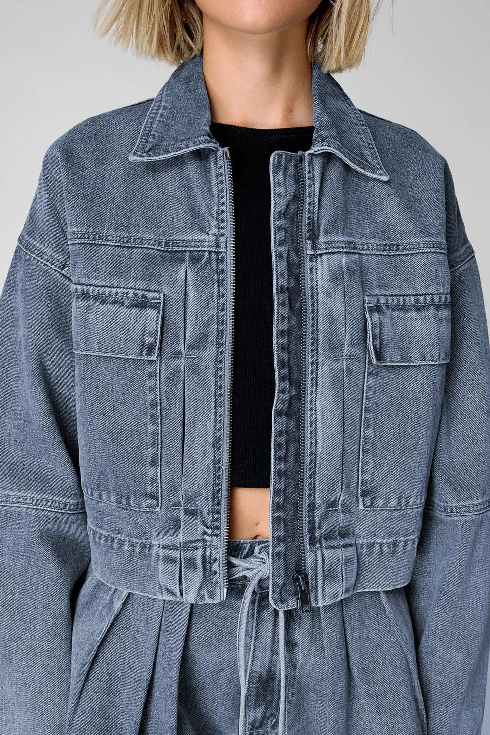 Zip Up Jacket and Drawstring Shorts Denim Set